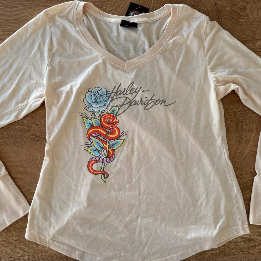 Harley-Davidson Cream/Light Pink V-Neck Long Sleeve Top